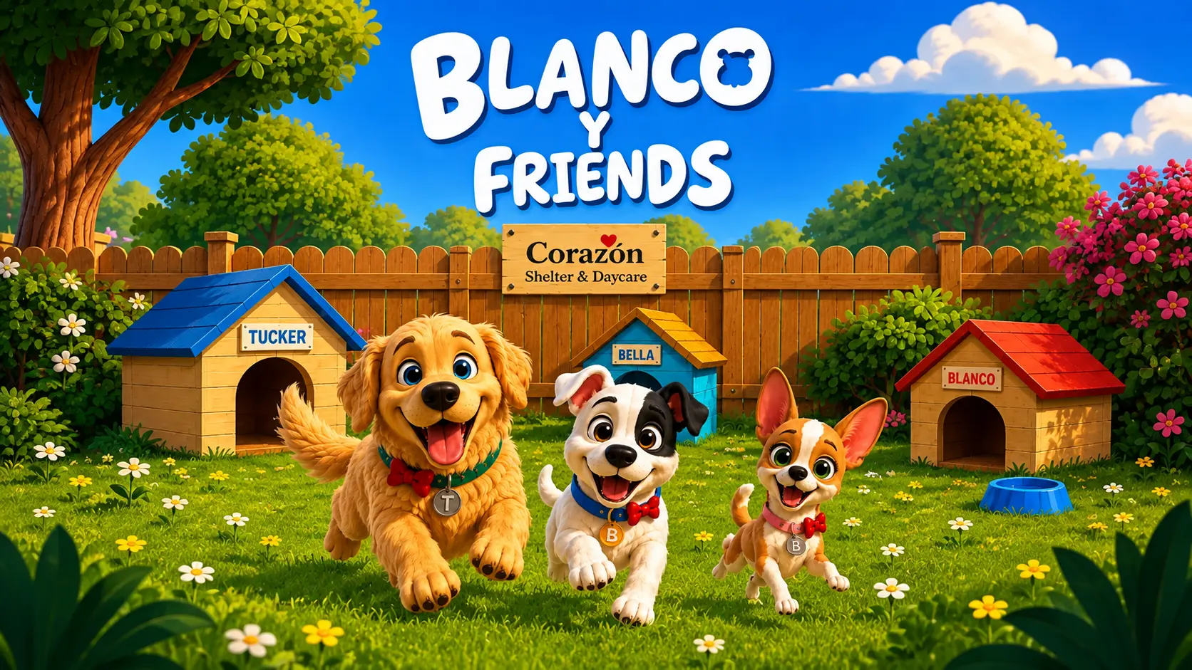 Blanco Y Friends – cartel de la serie infantil generada con IA con tres personajes de perros animados