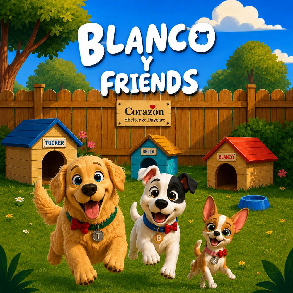 Blanco Y Friends – AI-generated children's series title card with three animated dog characters: Tucker, Blanco and Bella
